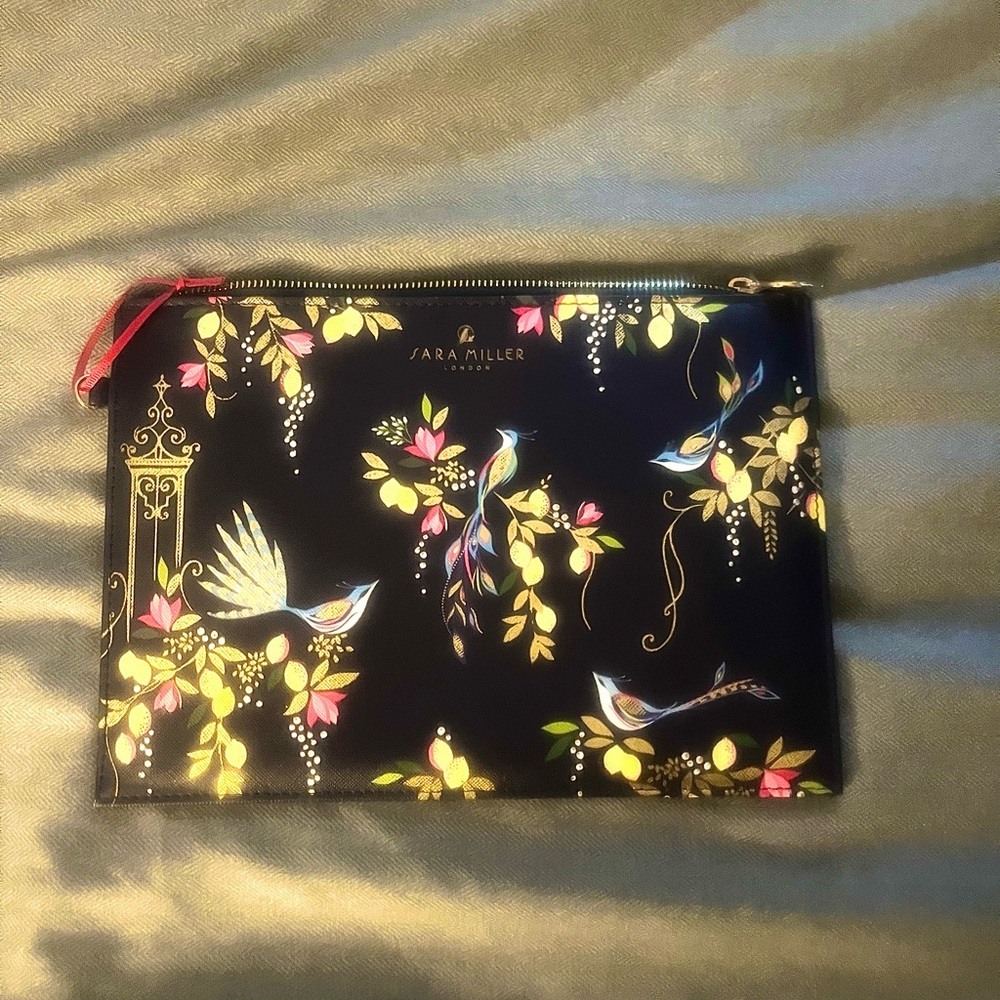 Sara Miller London Bird Floral Zip Pouch - Black